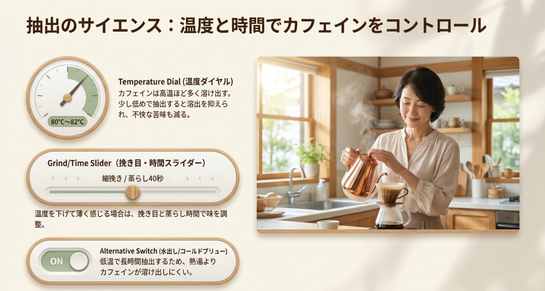 抽出温度や時間を変えて成分の溶出を抑える工夫